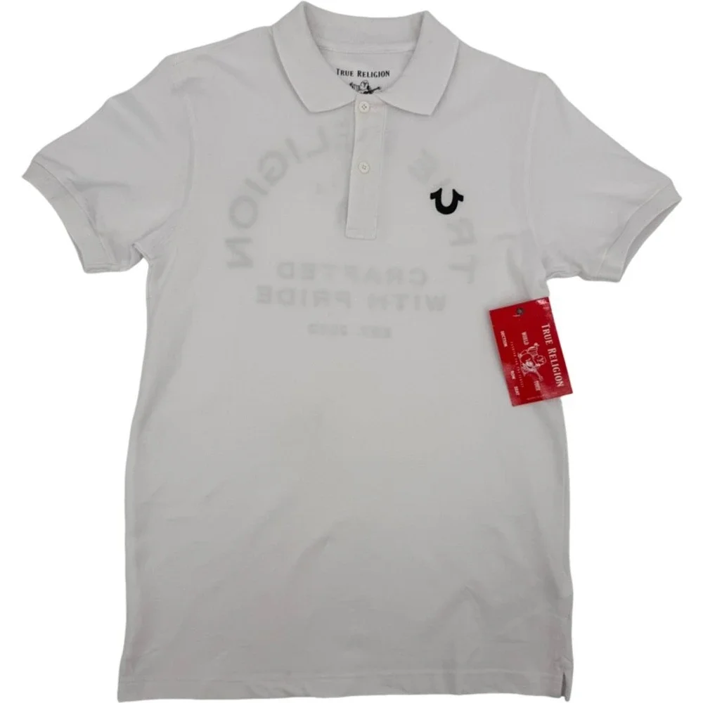 TRUE RELIGION NEW Small Polo Shirt White Graphic Logo Crafted With Pride Y2K